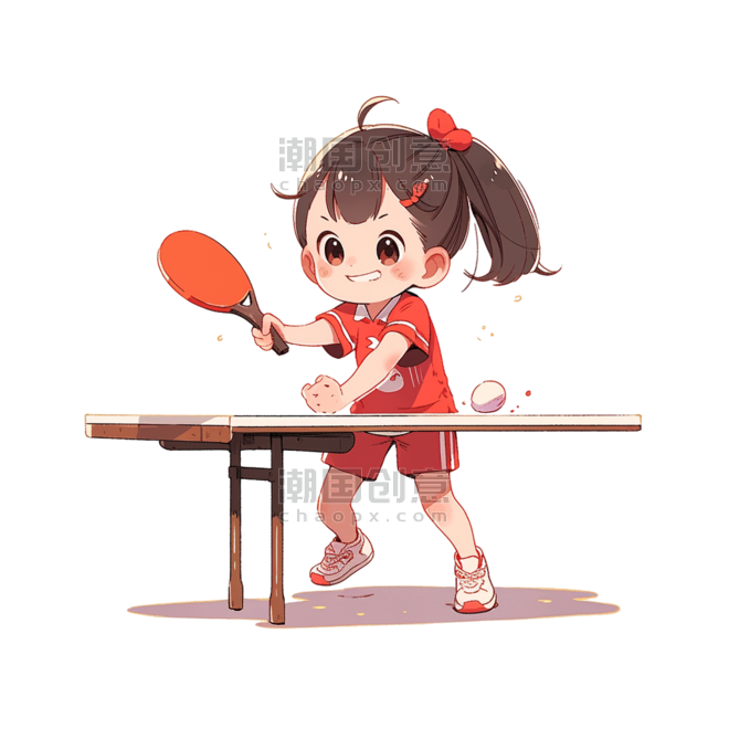 潮国创意亚运会女孩卡通手绘打乒乓球运动元素