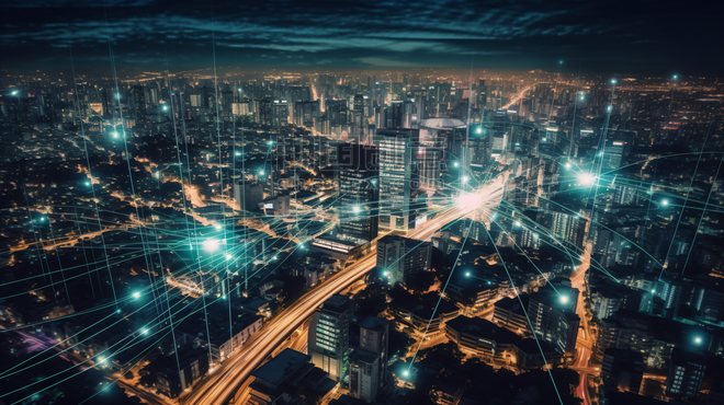 潮国创意在夜里建造现代商业区有天上的线路和连接点智能城市的无线互联网络