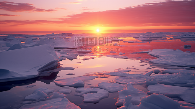潮国创意夕阳下结冰的水面
