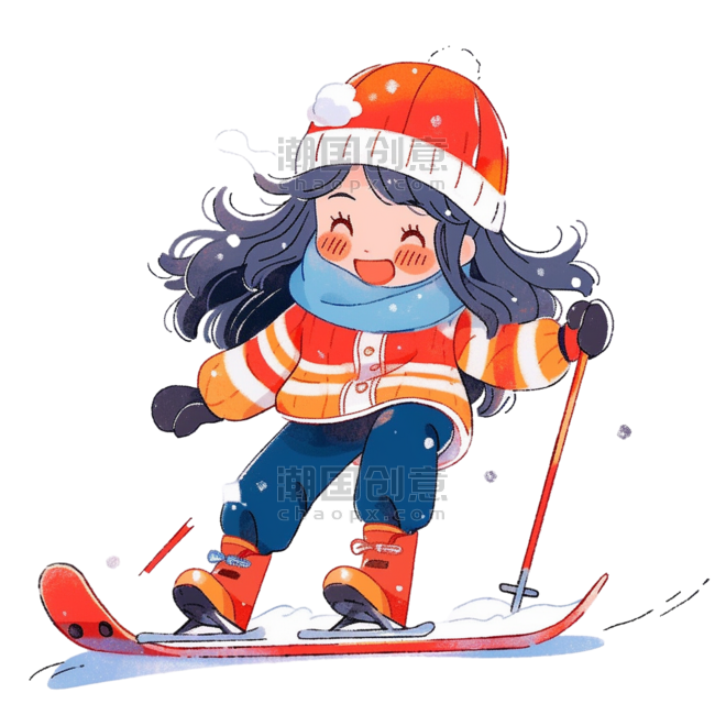 潮国创意女孩滑雪卡通手绘冬天元素