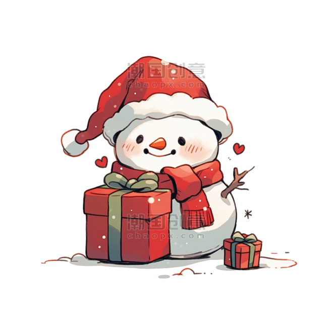 潮国创意卡通元素圣诞节雪人拿着礼盒手绘