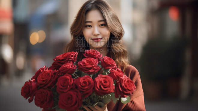 潮国创意女人抱着一束红玫瑰情人节亚洲人像浪漫