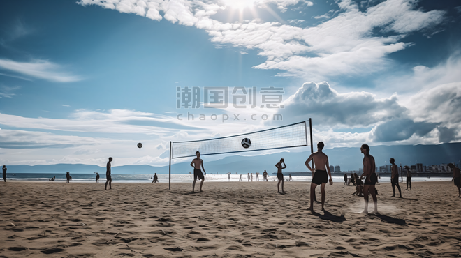 潮国创意夏日运动沙滩排球海水摄影图