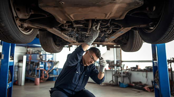 潮国创意汽车机械师在维修汽车底部零件工业蓝领人像