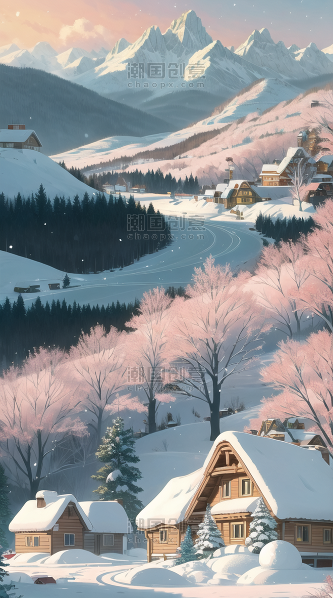潮国创意冬至雪山风景插画卡通冬天雪景高山