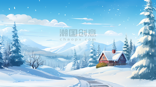 潮国创意冬季唯美风景自然风景插画28冬天雪景