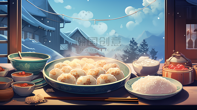 潮国创意丰盛的年夜饭美食插画34饺子