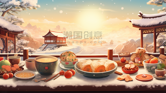 潮国创意丰盛的年夜饭美食插画21饺子