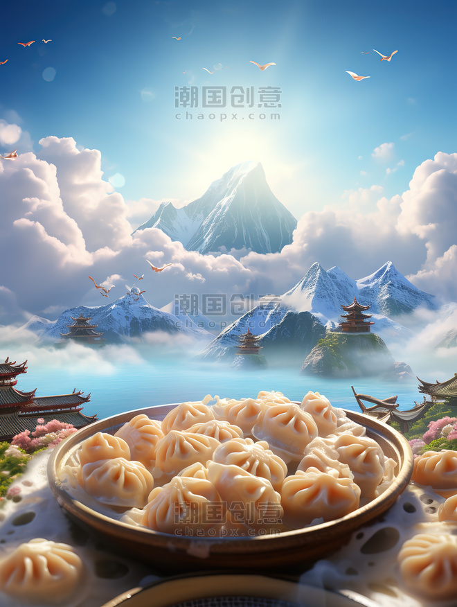 潮国创意饺子冬至立冬节气海报6饺子中餐