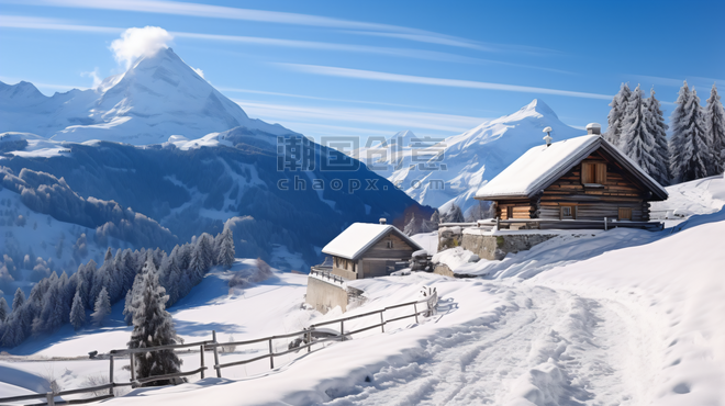 潮国创意冬日雪地中的木屋冬季风景雪景