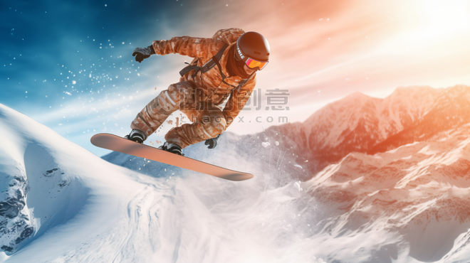 潮国创意一名滑雪者正在参加单板滑雪比赛运动人像