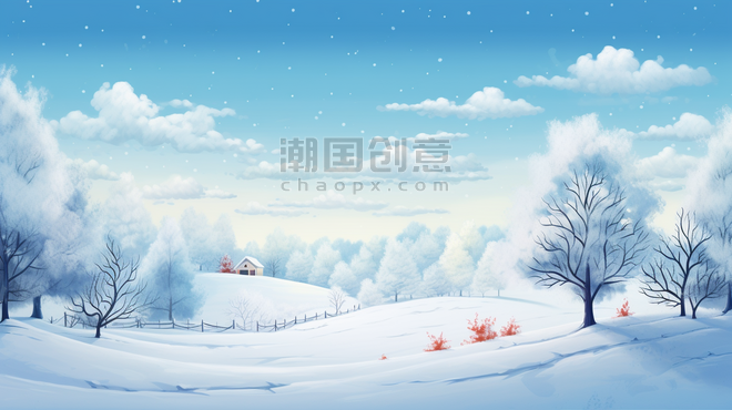 冬季唯美风景自然风景插画14冬天冬季雪景雪地