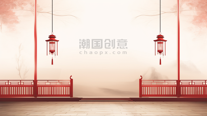 潮国创意中国风山水古建筑春节装饰边框背景4