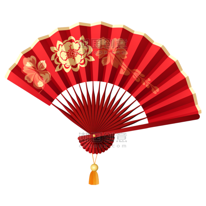 潮国创意中式花纹红色折扇春节节日装饰元素