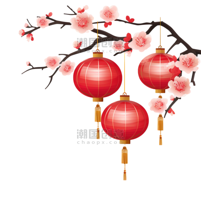 潮国创意梅花灯笼插画新年春节装饰元素