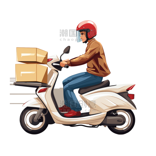 潮国创意男人骑着轻便摩托车，箱子从后备箱里掉出来商务办公