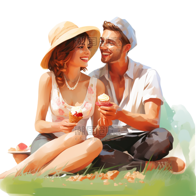 潮国创意男人和女人在野餐时分享冰淇淋情人节情侣浪漫