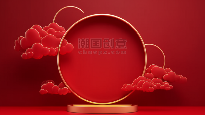 潮国创意中国风红色新年通用背景春节元宵节电商展台