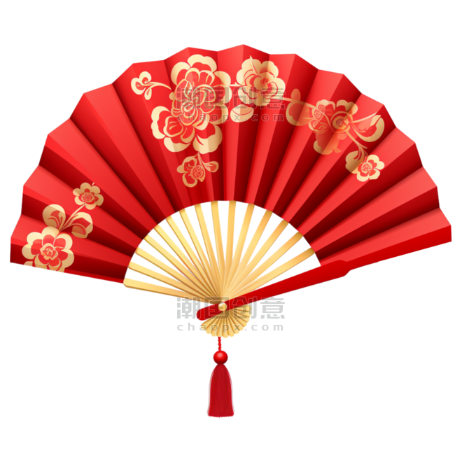 潮国创意中式红色折扇新年春节节日装饰元素