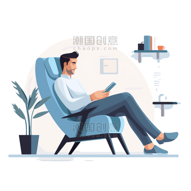 潮国创意男人躺在扶手椅上，在网上搜索商务办公