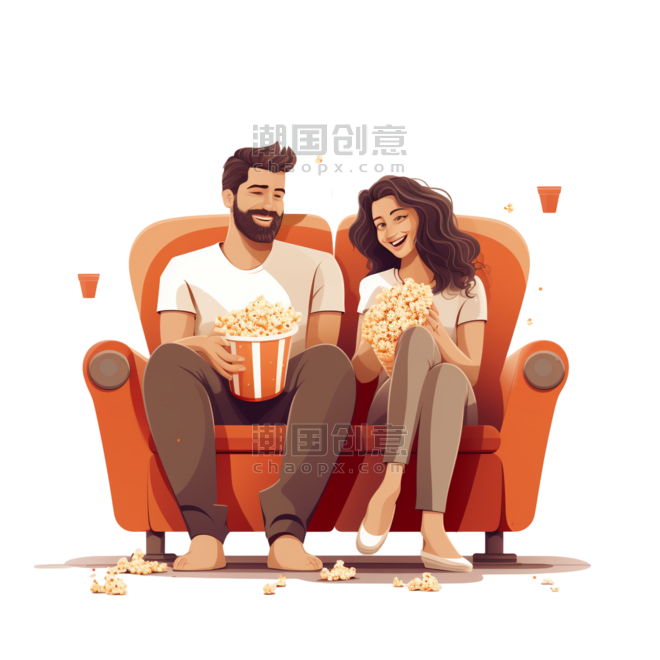 潮国创意男人和女人坐在沙发上吃爆米花
