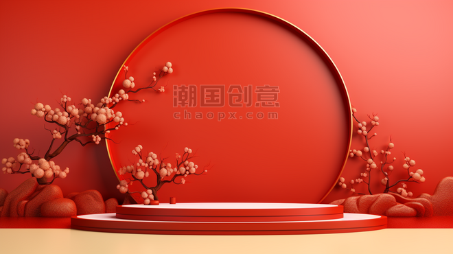 创意C4D中国红梅花装饰的电商展示台背景3春节