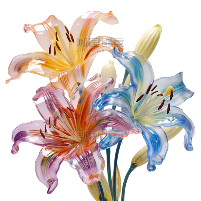 潮国创意3d剔透花朵元素立体免抠图案百合花植物