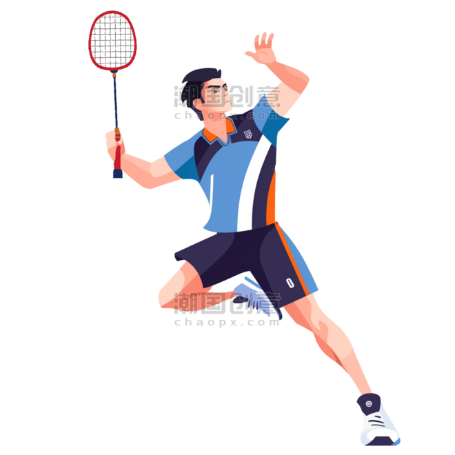 潮国创意扁平卡通亚运会运动人物一位少年打羽毛球