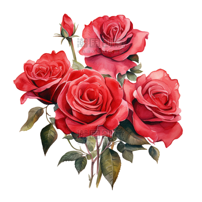 潮国创意水彩红色玫瑰花束免扣元素情人节
