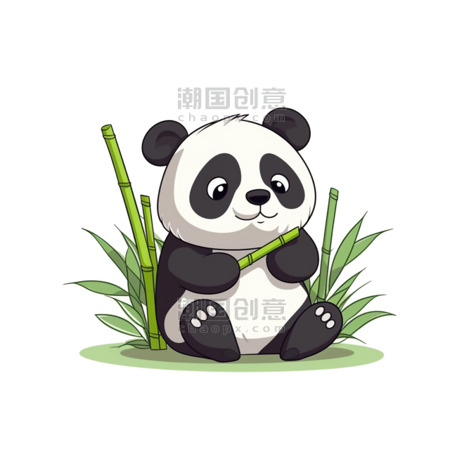 潮国创意卡通扁平可爱熊猫吃竹子动物国宝