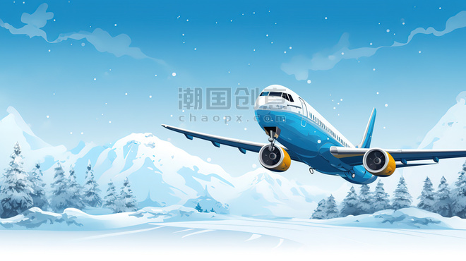 创意冬天雪地背景的飞机2原创插画交通工具卡通航行
