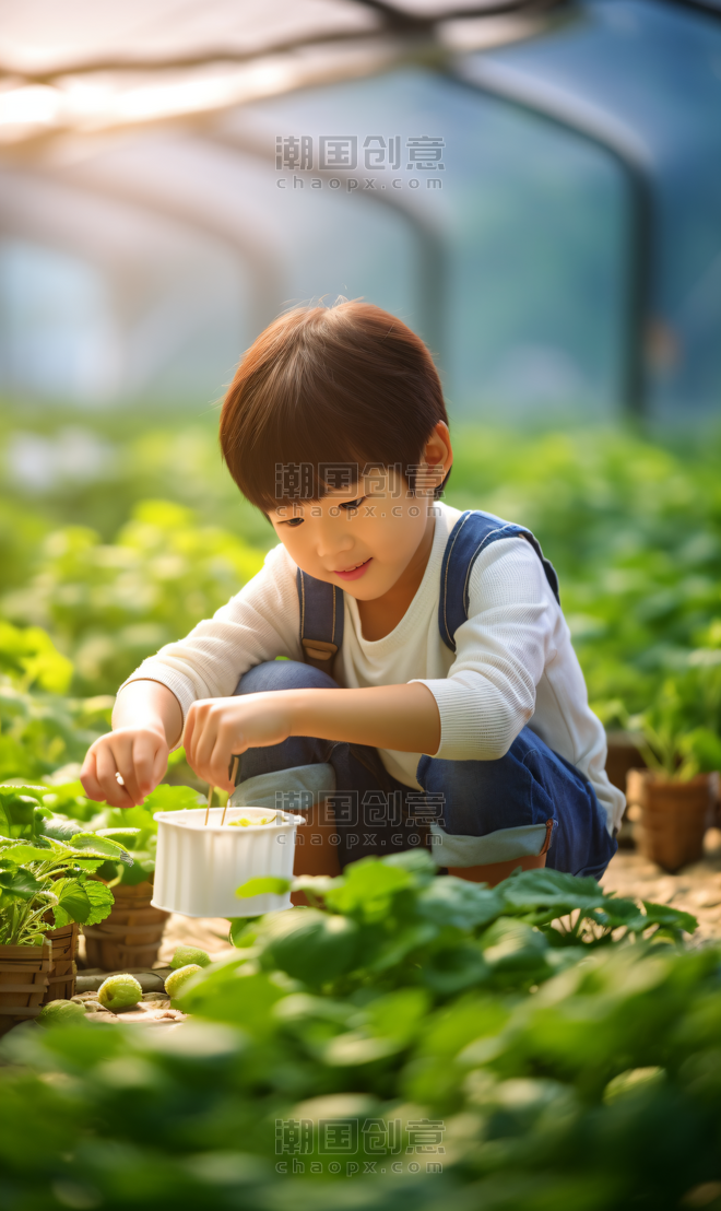 创意在种植园玩耍的小男孩亚洲人像农业亲子活动