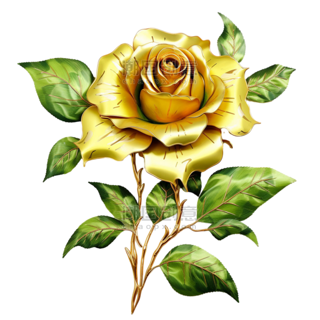 造型黄金玫瑰元素立体免抠图案情人节金色花朵植物