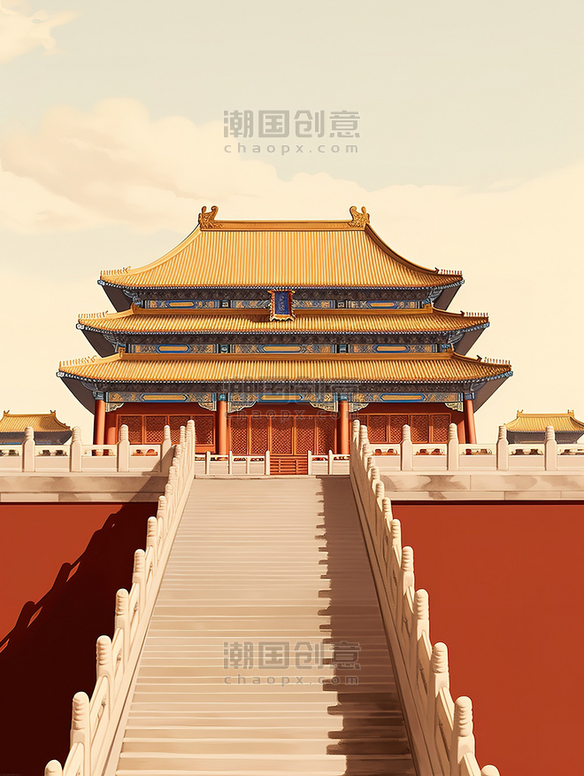 中国风国潮创意北京故宫博物馆建筑插画地标建筑