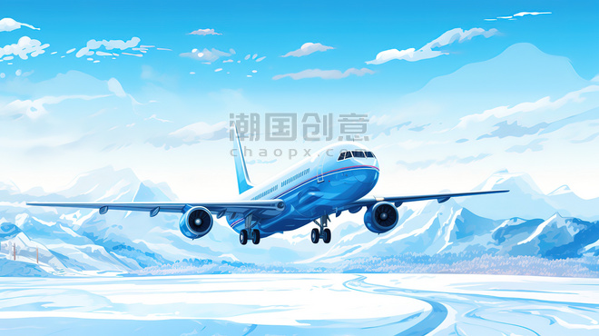创意冬天雪地背景的飞机5插画交通工具卡通航行