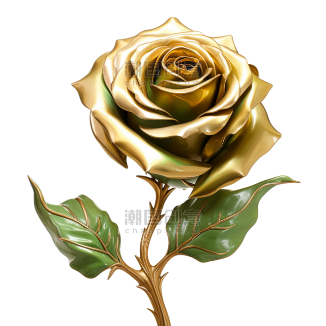 真实黄金玫瑰元素立体免抠图案情人节金色花朵植物