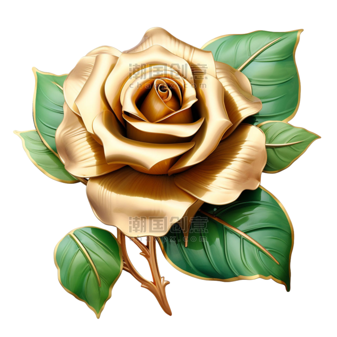 ai绘画黄金玫瑰元素立体免抠图案情人节金色花朵植物