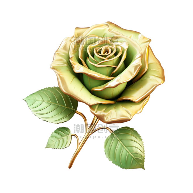 3d黄金玫瑰元素立体免抠图案情人节金色花朵植物