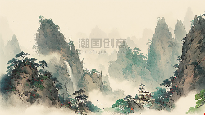 创意中国风山水水彩国画古风背景山水画