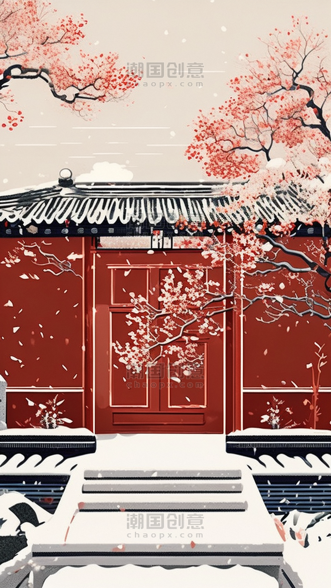 创意自然中国寺庙风景冬天插画唯美国潮中国风故宫白雪下雪