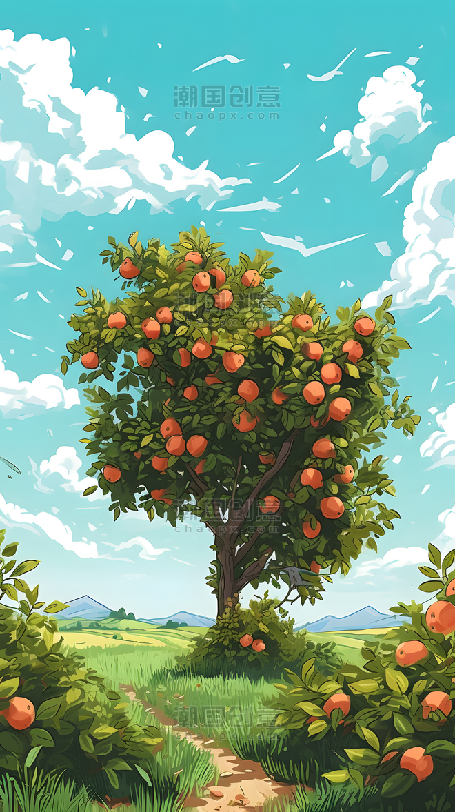 创意夏日清新果树果园桃园插画水果卡通