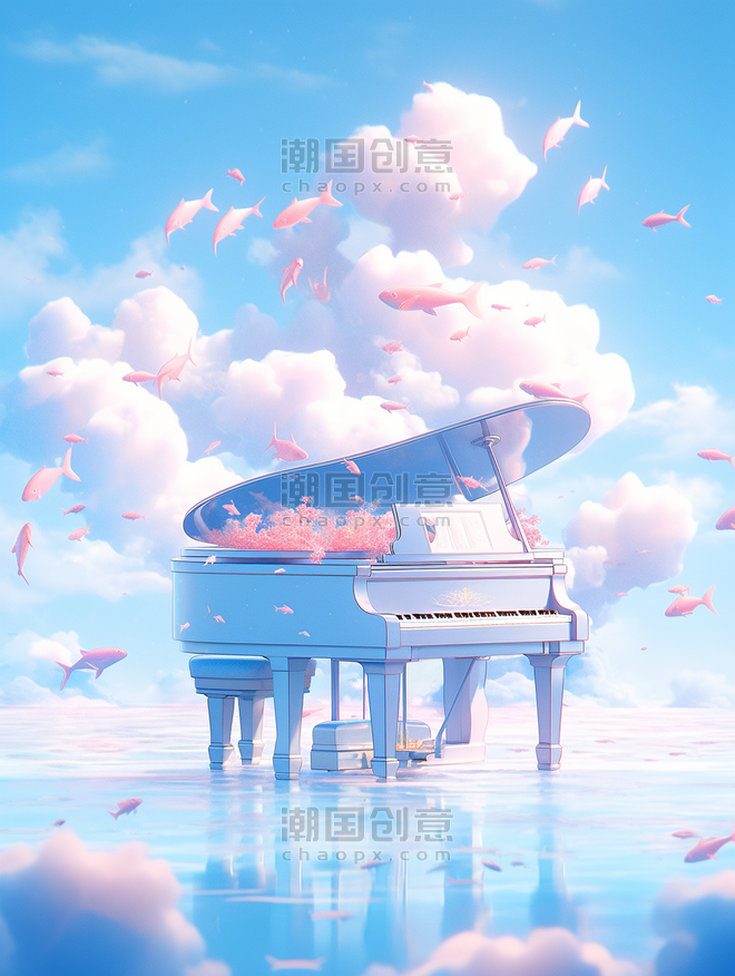 创意唯美钢琴在牛奶云朵浪漫唯美音乐乐器