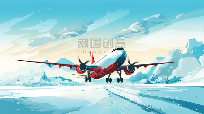 创意冬天雪地背景的飞机1插画交通工具卡通航行