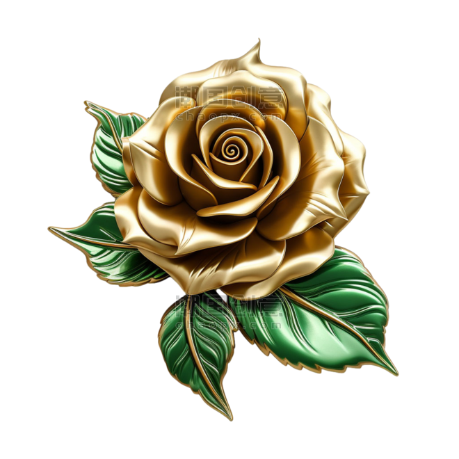 卡通黄金玫瑰元素立体免抠图案情人节金色花朵植物