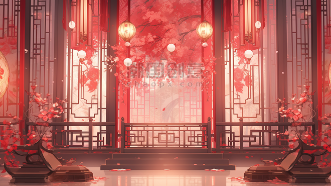 创意红色中国风门窗风景造型插画国潮游戏场景浪漫婚礼