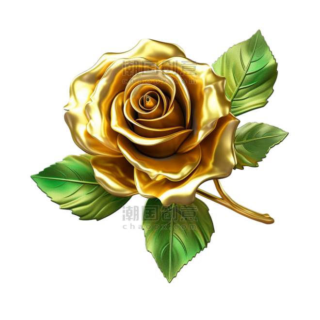 特色黄金玫瑰元素立体免抠图案情人节金色花朵植物