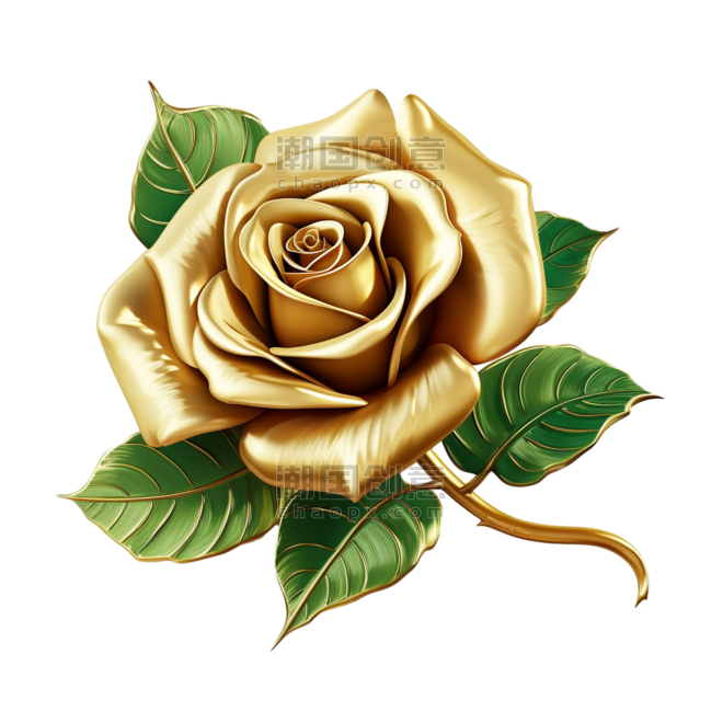 建模黄金玫瑰元素立体免抠图案情人节金色花朵植物