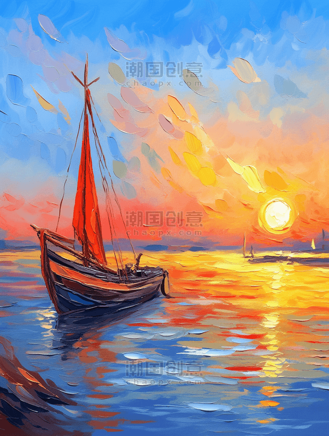 创意油画风插画风景大海里的帆船夕阳落日黄昏图片_潮国创意