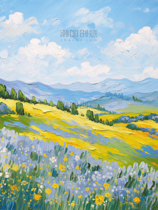 创意油画风插画田野风景春天春游花园图片_潮国创意