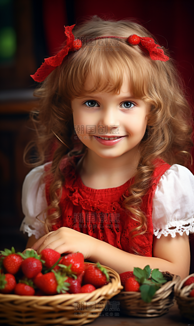创意拿着草莓开心的小女孩母婴欧美人像儿童金发碧眼生鲜水果